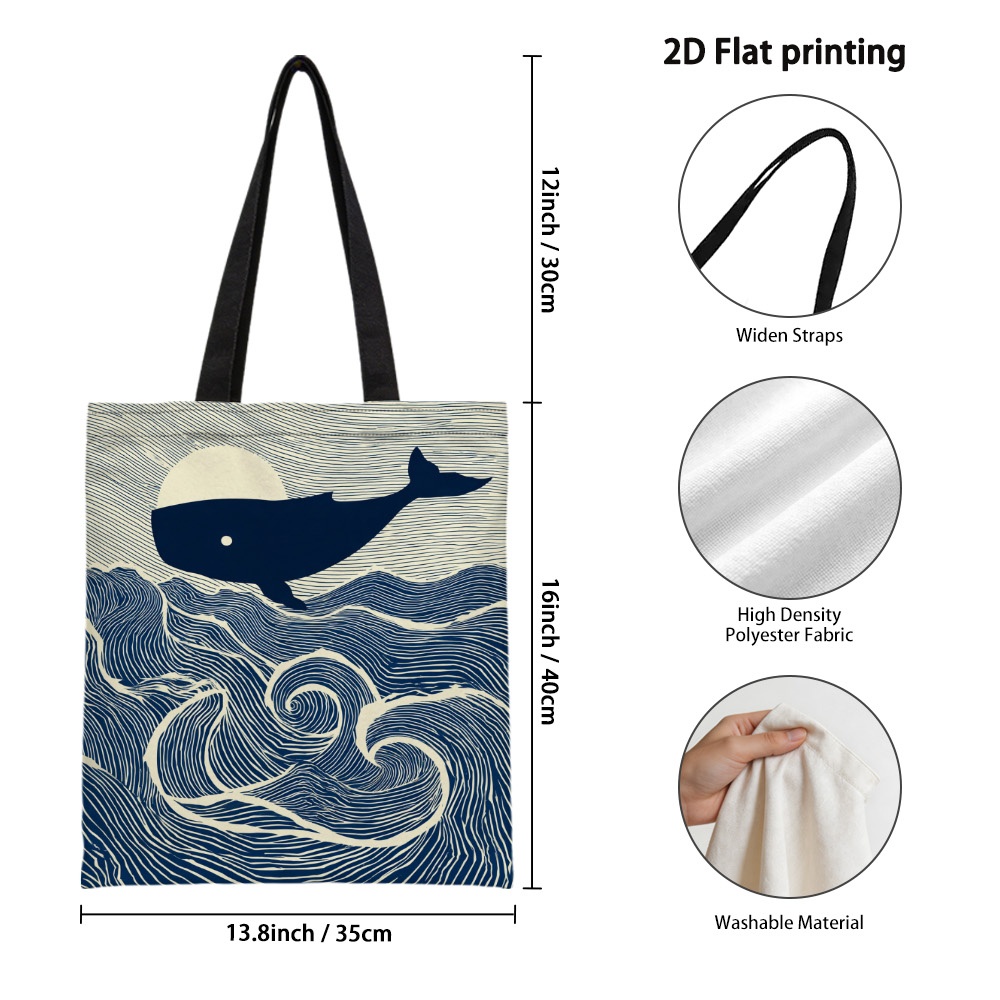 TEMU 1pc Colorful Whale And Ocean Waves Art Tote Bag - Double-sided Print Reusable Grocery Bags, Durable Polyester Shoulder Bag For Beach, Grocery &