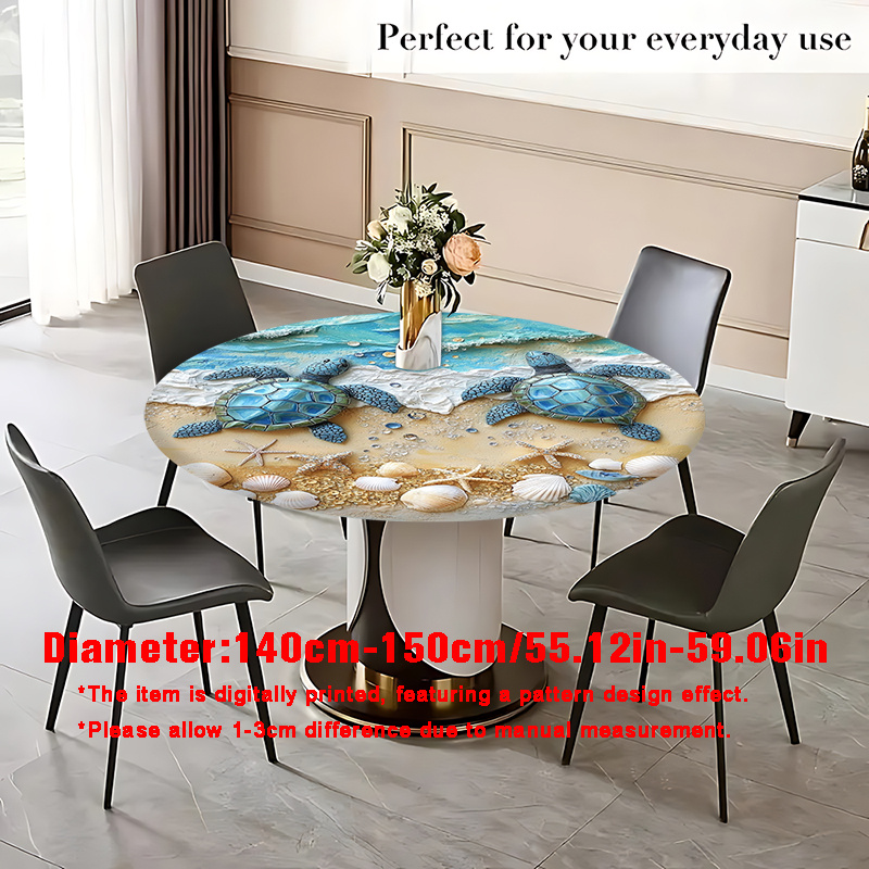 TEMU 1pc 2d Flat Polyester Elastic Tablecloth With Turtle And Beach , With Elastic Edges | Suitable For Outdoor And Indoor, 2d Flat, Turtle Themed