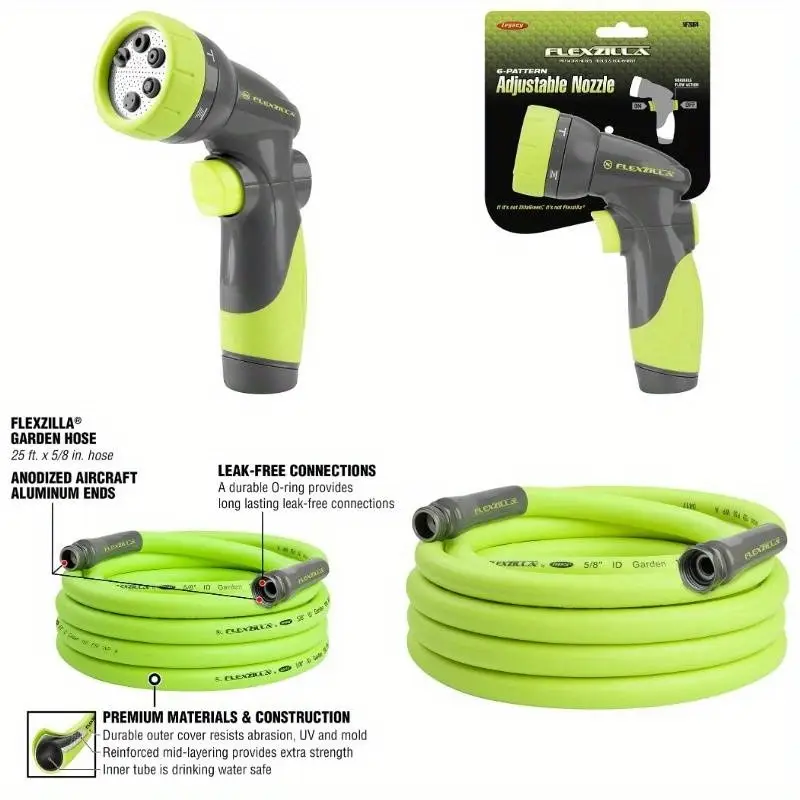 1 pack heavy duty 58-inch 25- garden hose kit with 6-pattern adjustable nozzle - lightweight, drinking safe, us/eu connectors, durable vinyl construction for lawn care, car washing & outdoor cleaning - 3pcs nozzle set (flexible, kink-resistant, uv-resistant) - ideal for residential & commercial use, water hose, expandable garden hose, garden hose with nozzle, water garden hose with nozzle, watering hose, plant irrigation, flexible design, kinkresistant Product details 1