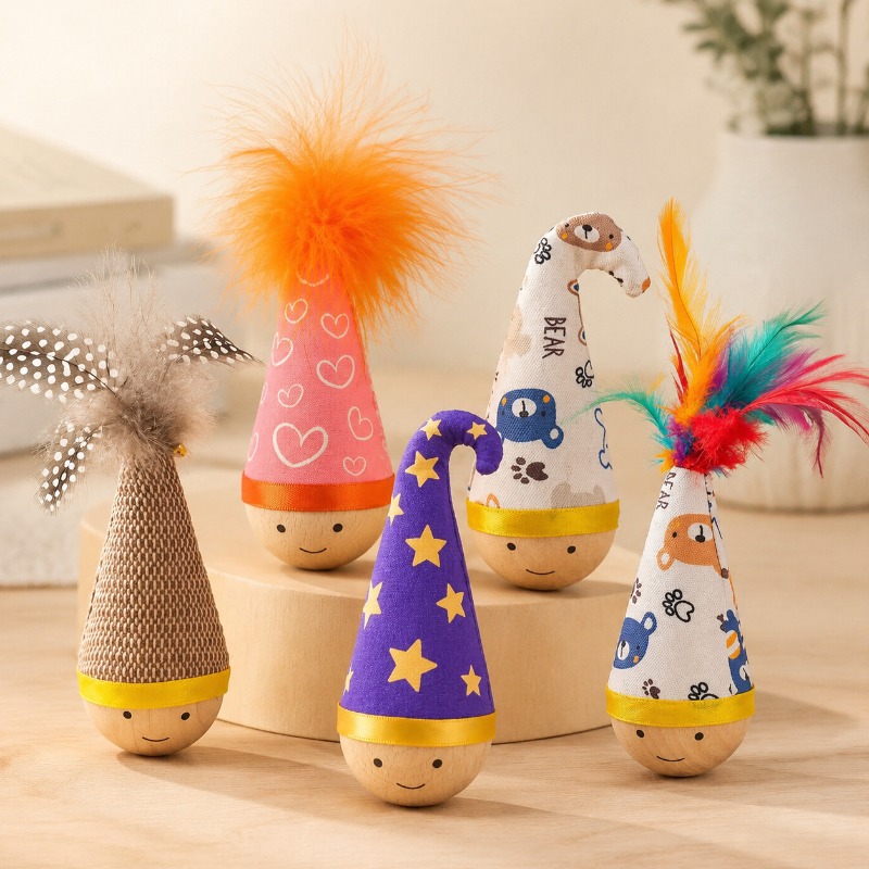 Image of Cat Toy 5pcs Wobble Design Self-entertainment Feather Teaser Ball Interactive Playtime Energy Consumption Suitable For Indoor And Outdoor Fun Pet Supplies Cats Design Relaxing , Without Battery