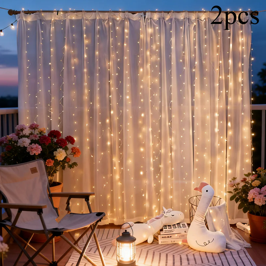 TEMU 2pcs Hiuan 200led Curtain String Lights Battery-powered Wall-mounted -in Suitable For Windows, Curtains, Indoor Decorations With 8 , Warm/cool