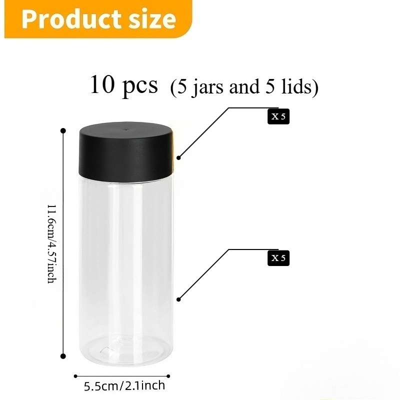 TEMU 10pcs Set Of Transparent Plastic Empty Bottles, Including 5 Empty Bottles And 5 Black Caps | 200ml Reusable Leak-proof Containers, Suitable For