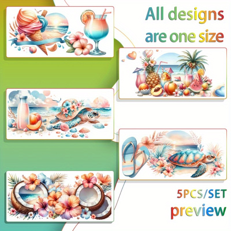 TEMU Ensemble de 5 feuilles de transfert DTF UV Soleil d'été Mer, Qualité Premium, Imperméable, Conçu en 3D, Papier de transfert facile à nettoyer