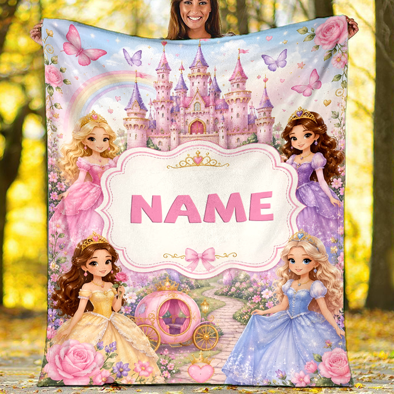 TEMU 1pc Personalized Custom Name Blanket - Princess Castle Print Design, Lightweight Flannel Blanket For Sofa, Bed, Travel, Camping - Soft And Warm,