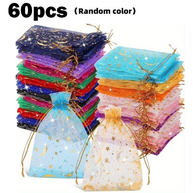 TEMU Regalo para Ella/Él 60pcs Bolsas de Organza Vibrantes de Luna y Estrellas (Colores Aleatorios) Bolsas de Malla Multicolor con Diseño de Luna y