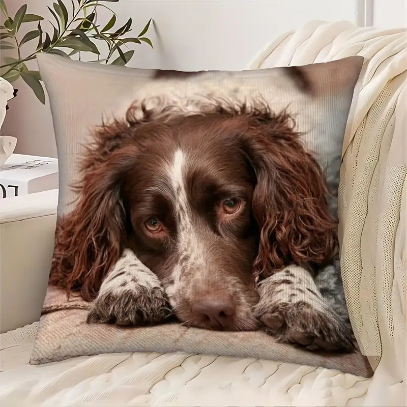 TEMU 1pc Brown White Spaniel Dog Throw Pillow Cover Single Sided Print Zipper Closure Decor For Living Room Bedroom Perfect Gift For Dog Lovers