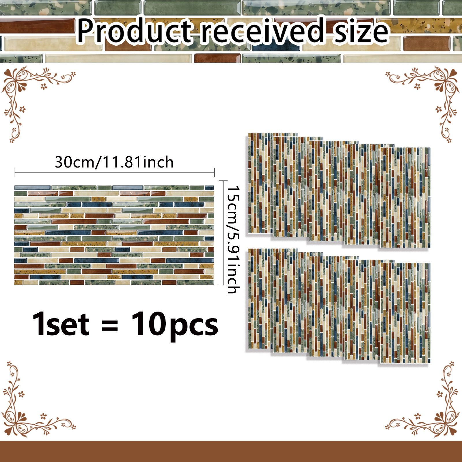 TEMU Juego de 10 piezas (15 * 30Cm * 10 piezas) de Adhesivos de Pared Retro de Mosaico Largo en Colores Mezclados, Impermeables y a Prueba de Aceite