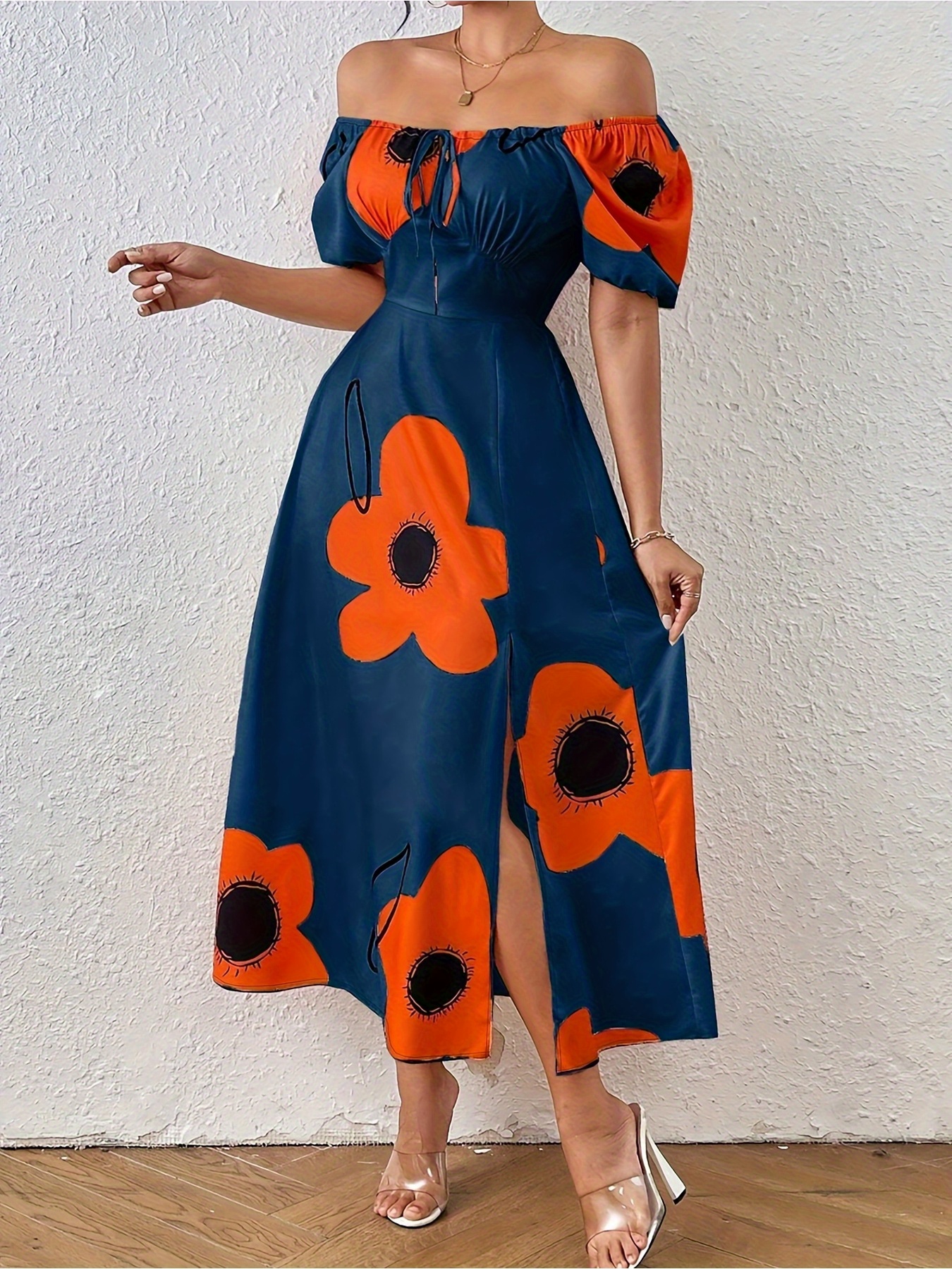 womens elegant floral print dress navy blue orange black Temu