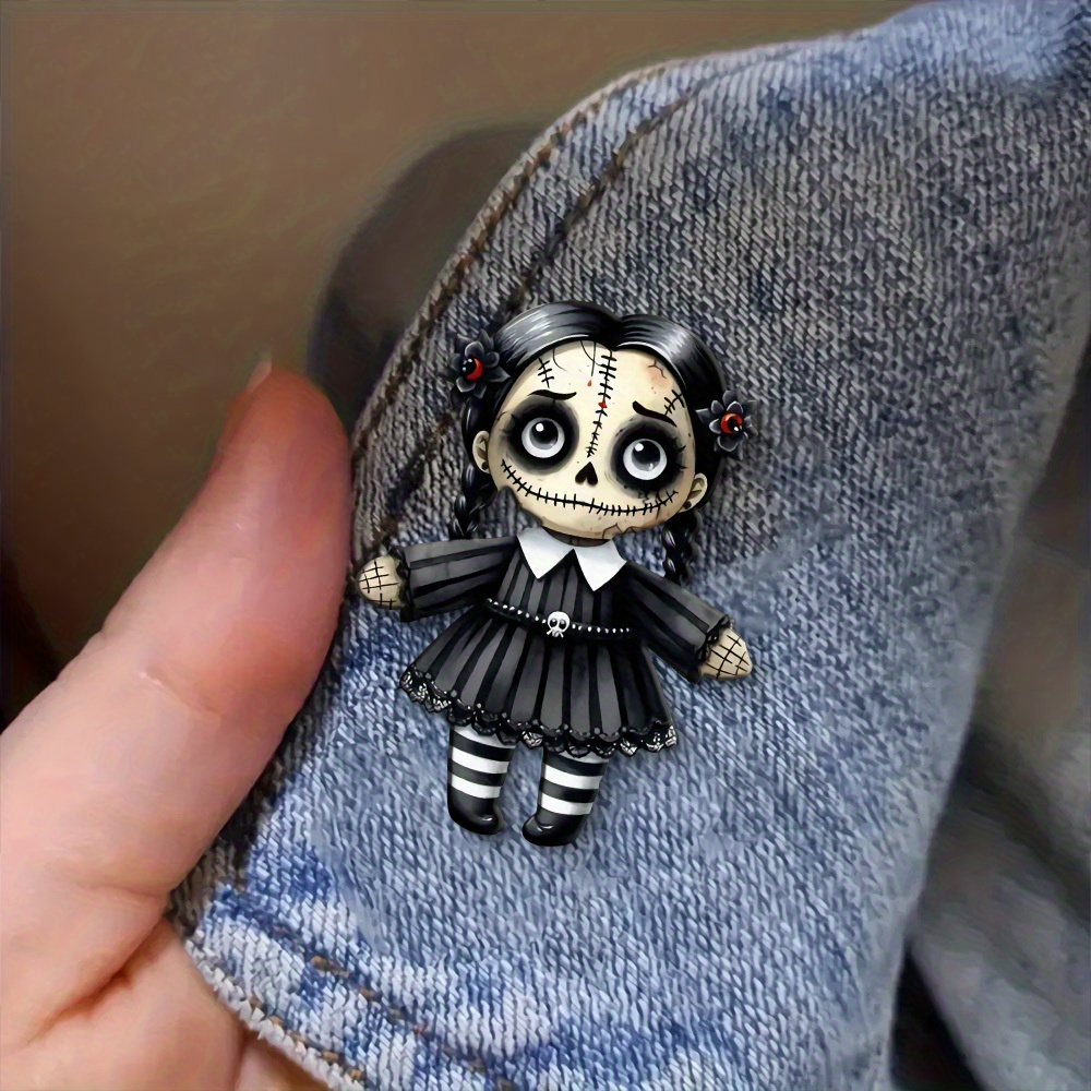 

1pc Vintage-style Acrylic Brooch Pin - Cute Horror Puppet Design With Black Dress, Ideal For Denim Jackets, Sweaters, Scarves - Fashion Accessory For Men And Women