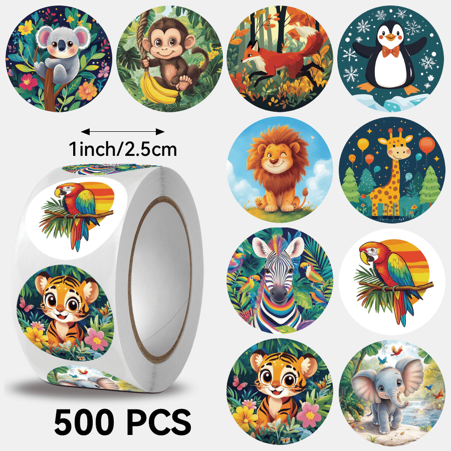 TEMU 500 Sheets/roll, Cute Animal-themed Round Sticker Roll, Suitable For Decorating Tablets, Phone Cases, Notebooks, Product Packaging, Skateboards,