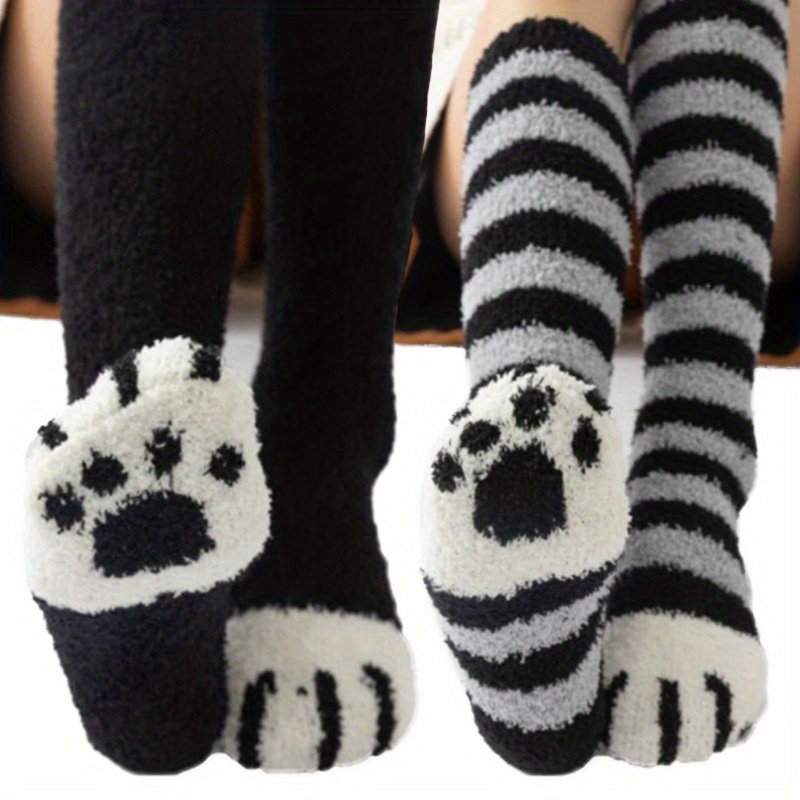 TEMU 2-pair Cute Cat Pattern Print Warm Soft Stretchy Home Athletic Socks, Thickened Plush-lined Calf Socks For Autumn/winter