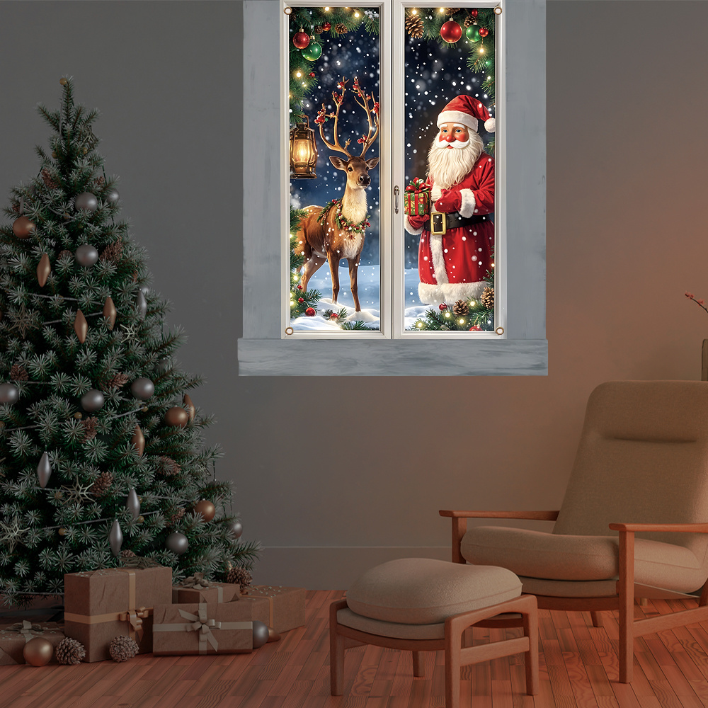 2D Plat, Zelfklevend Kerst Raamvlag met Santa & Rendier - Sneeuwvlokken Vlaggenslinger Met Hulstbessen En Twinkel-Effect, Duurzame Binnen/Buiten Feestdecoratie voor Deuren, Partijtjes en Huizen (Makkelijk Afpelbaar), 2D Flat, 1 Stuk