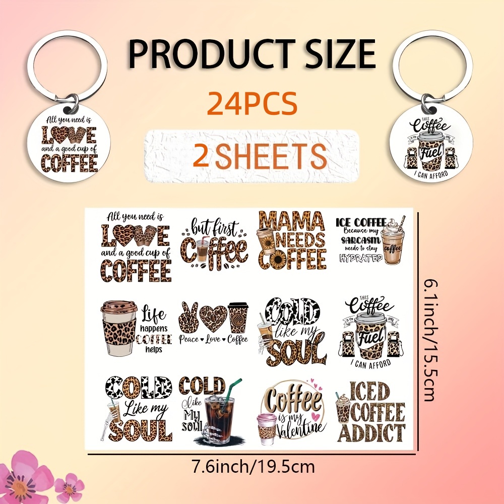 TEMU 24pcs/coffee Lover Themed Uv Dtf Keychain Diy - Waterproof Patterns, Suitable For Acrylic Keychains, Laptop Decoration, Easy-to-use Diy Gift