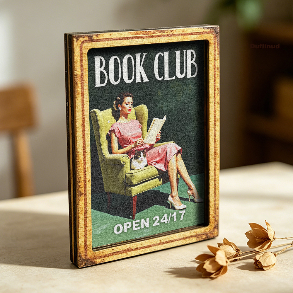 TEMU Aimant de réfrigérateur sur le thème du de lecture vintage, aimant de en bois, style illustration de dame et chat, plaque décorative esthétique