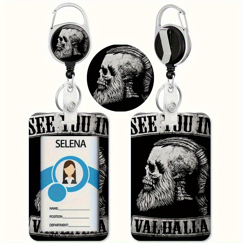 TEMU Warrior Skull Black And White Print Card Holder With Retractable Clip - Id, Credit Card Lanyard For Nurses, Doctors, Teachers, Office & School