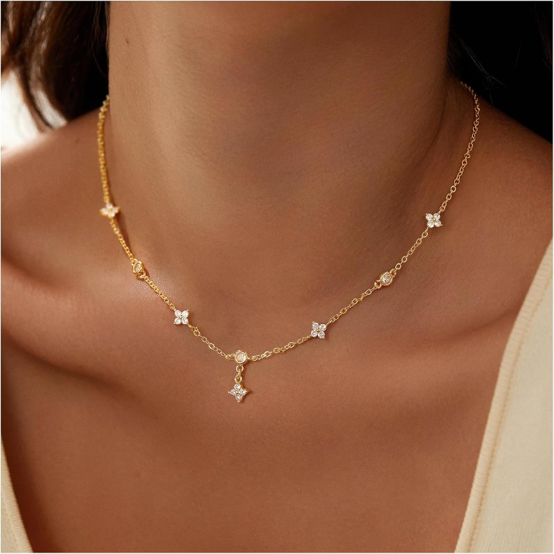 Image of Valentine's Day Gifts For Women, Heart Flower Choker Necklace For Women, Golden Plated Cubic Zirconia Pendant Station Necklaces For Women Teens Trendy Prom Jewelry Gifts