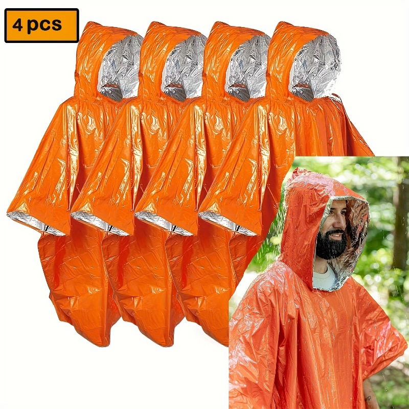 

4-pack Thermal Mylar Emergency Ponchos, Reversible Aluminum Insulated Outdoor Survival Raincoats, Hands-, Water-resistant Polyester Fiber For Camping & Hiking Gear