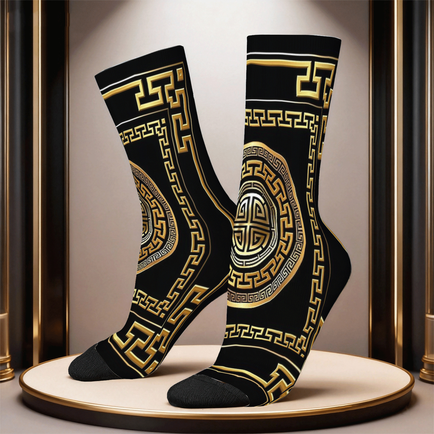 Image of Greek Key Meander Black Golden Large Funny Novelty Socks Novelty Socks
