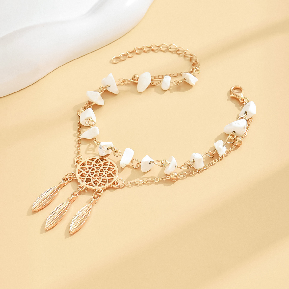 TEMU 1pc Women's Exquisite And Elegant Summer Beach Dreamcatcher Feather White Pebble Double-layer Adjustable Anklet, Bohemian Ankle Accessory,