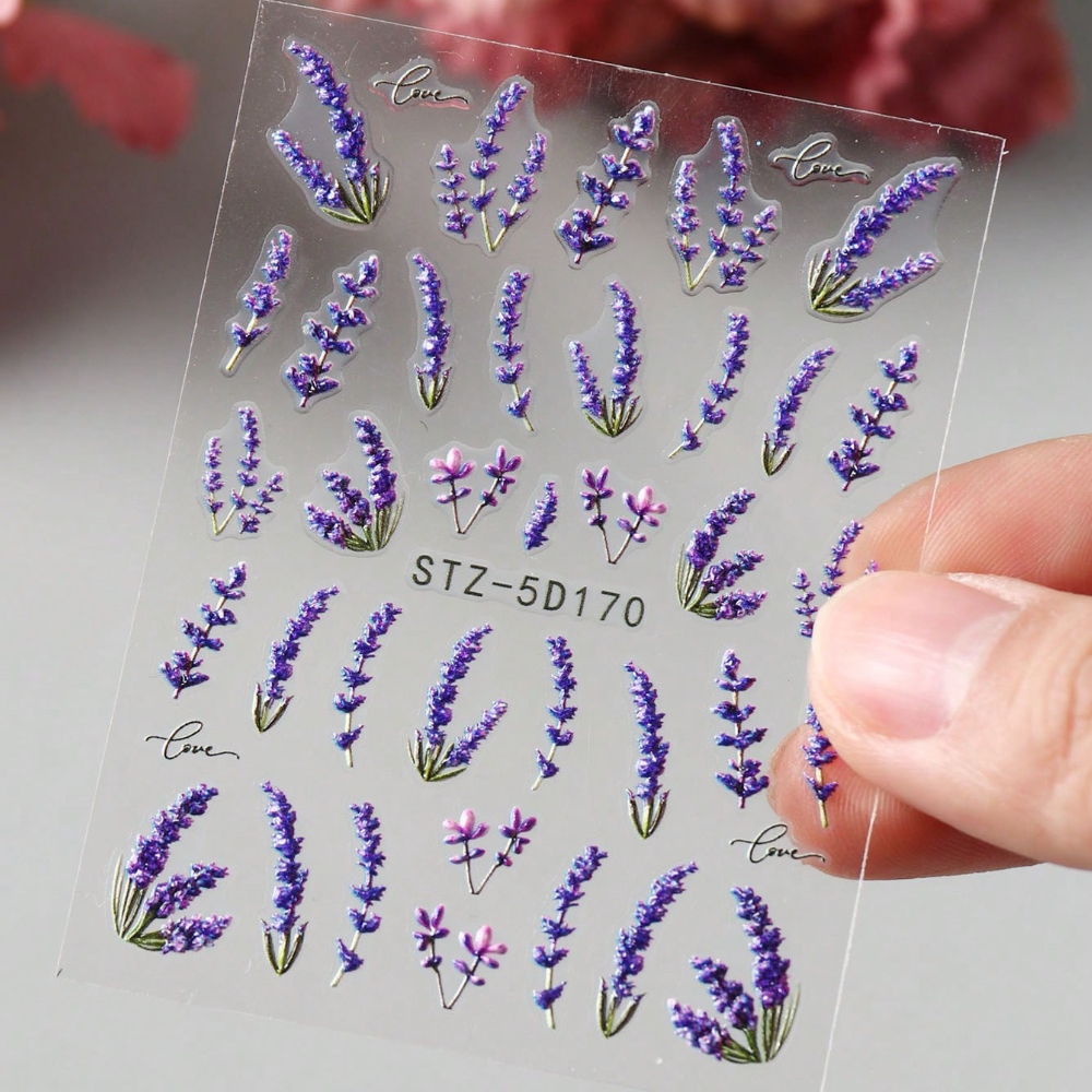 1pc Purple Lavender Flower Nail Stickers, Self-adhesive Nail Decals With Spring And Summer Floral And Plant Patterns, Nail Art Decorations And Additions, Nail Supplies