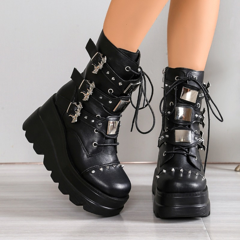 womens goth y2k punk combat boots pu metal buckles lace - Temu