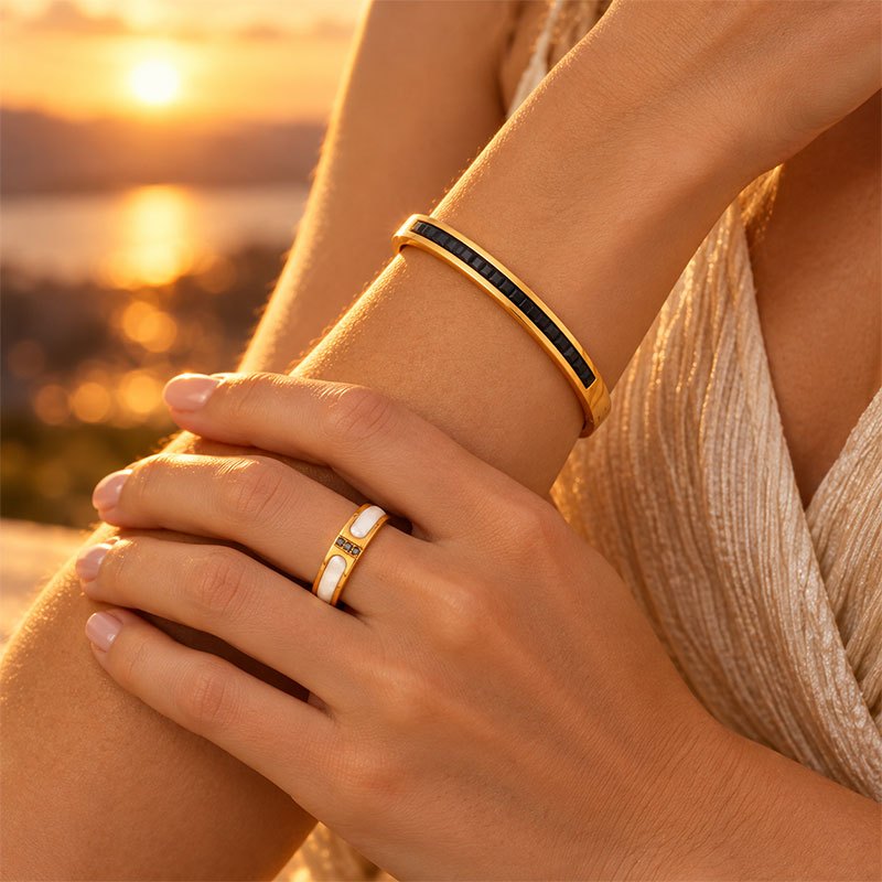 Women's 2pc Adjustable Bangle and Ring Set, Geometric Style