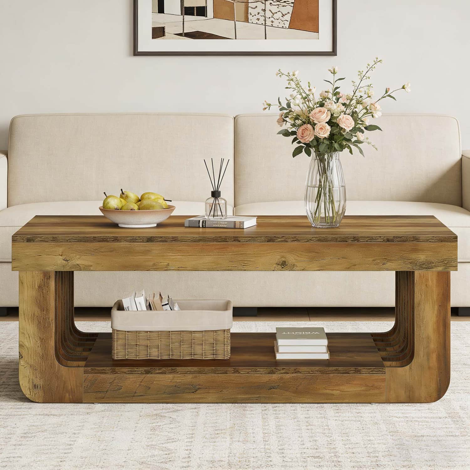 Rectangular Coffee Table, 2-tier Storage Coffee Table, Wooden , 120cm Accent Table For Living Room And Office, Rustic Brown