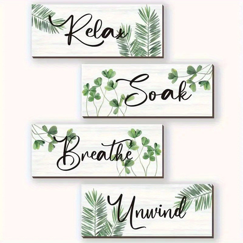 TEMU Panneau Mural en Bois 2D Plat 4pcs Feuille Verte Vintage - Relax, Immergez-vous, Respirez, Relaxez - Panneau Décoratif pour Chambre et Salle de