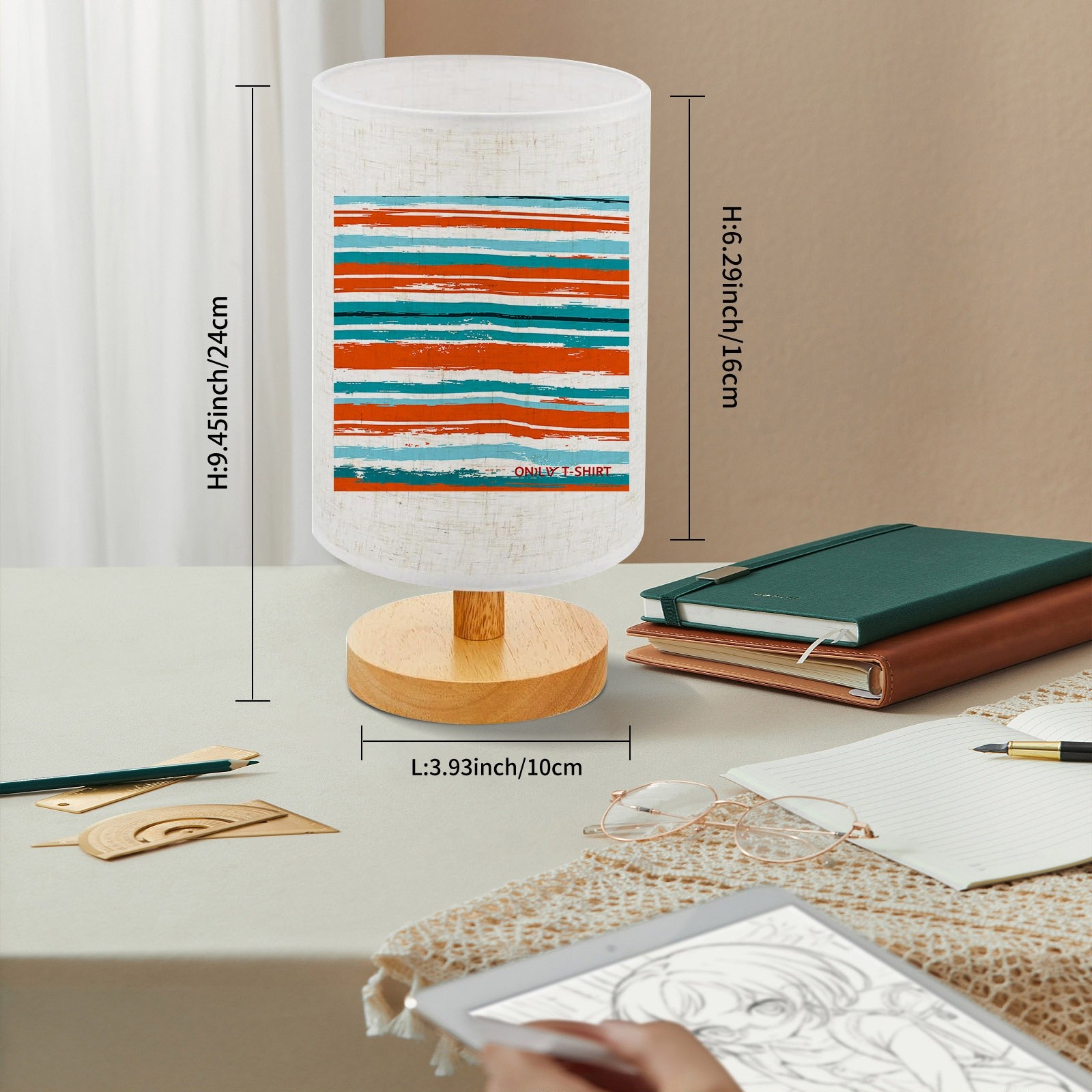 Wooden Table Lamp with Brushstroke Striped Print