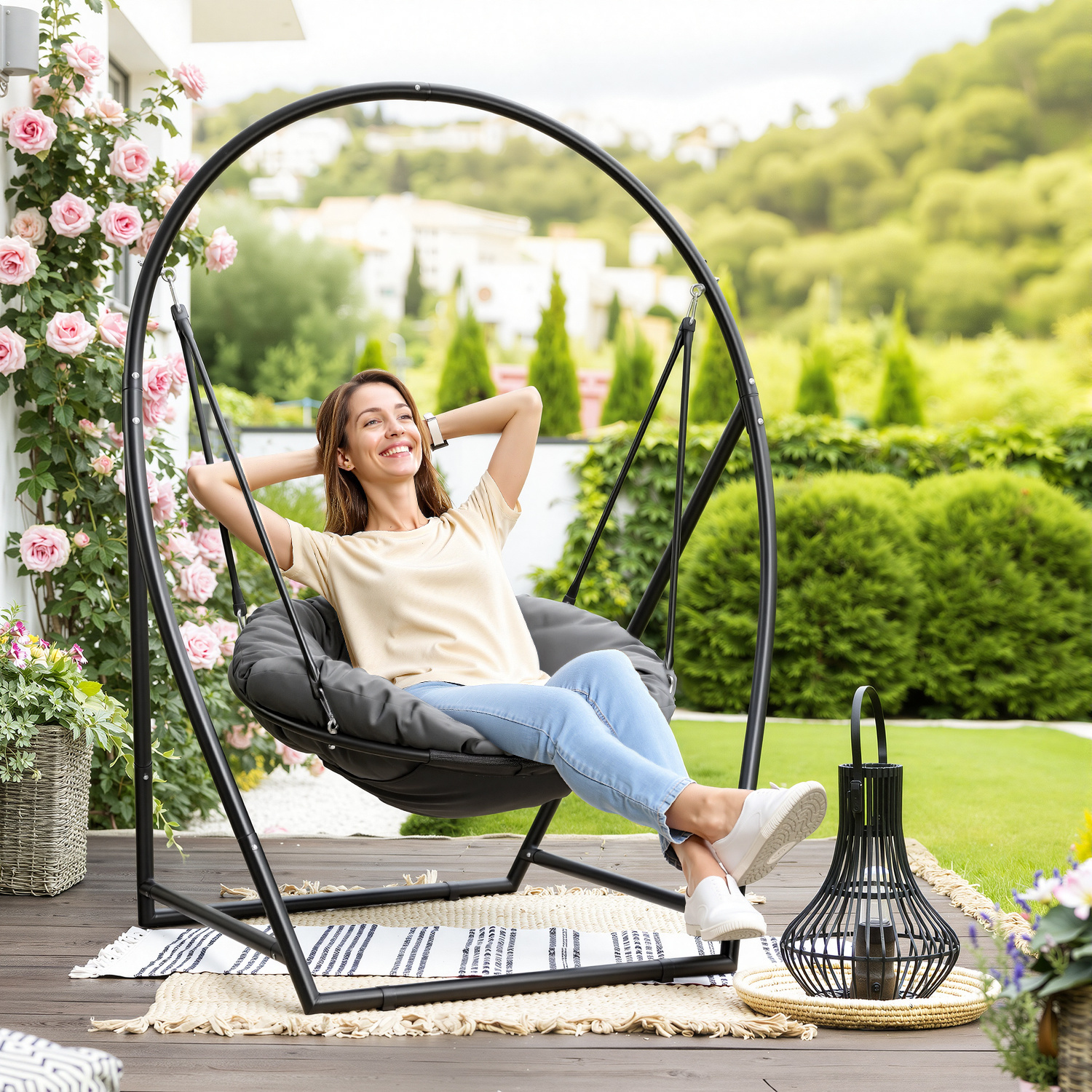 Image of Xxl Hanging Chair 150kg Capacity Stand Hanging Swing Basket Chair Extra Large Indoor Hanging Seat Outdoor Garden Hammock With Stand