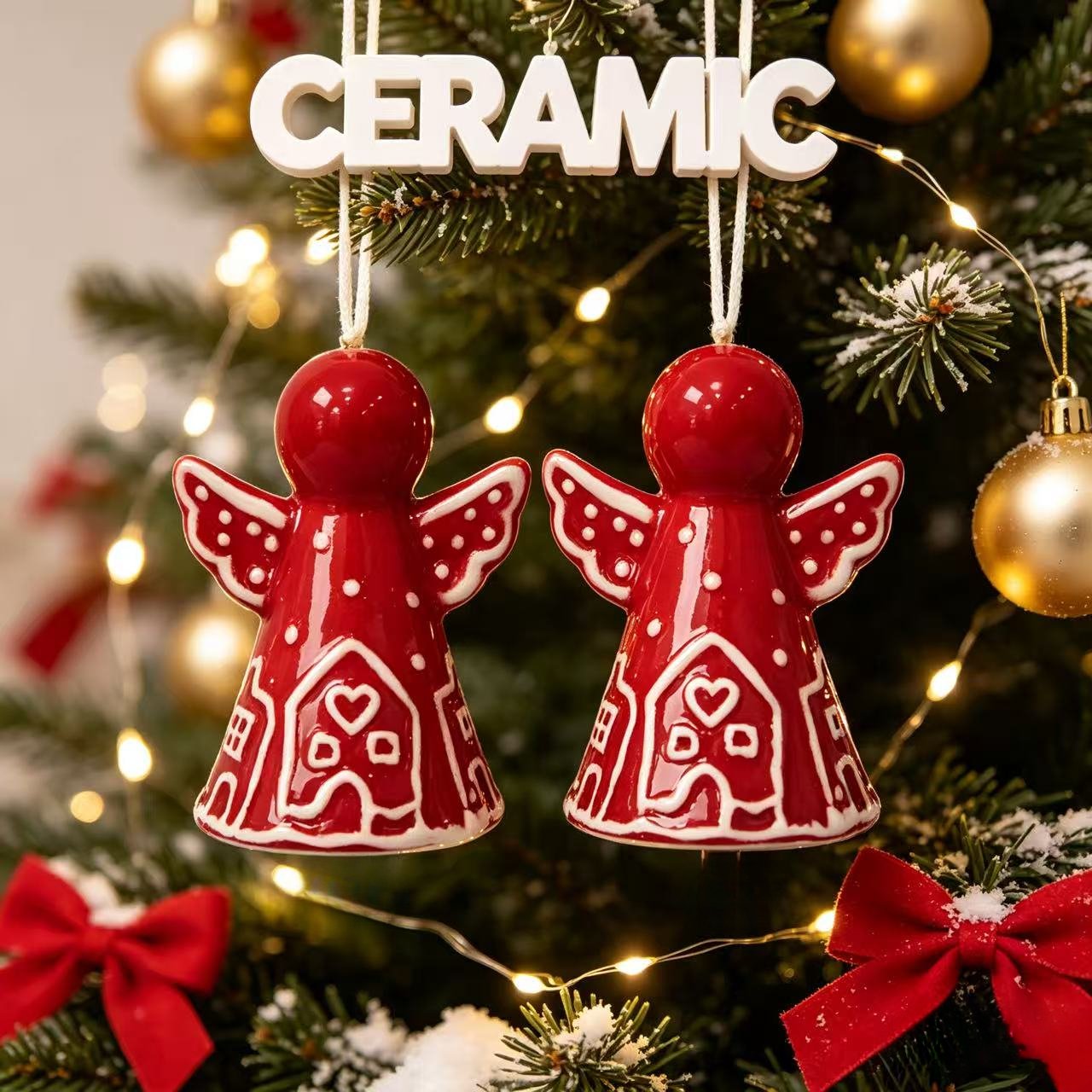 TEMU 2pcs Hand-painted Ceramic Bells - Red Suitable For Christmas Tree, Wreath & Fireplace Decorations, Vintage Collectible Figurine Ornaments Sound