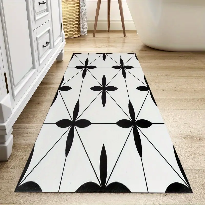 1pc black white geometric pattern non slip bath mat super absorbent easy to clean durable rubber backing bathroom kitchen bedroom and laundry room decor bathroom mat Product details 1