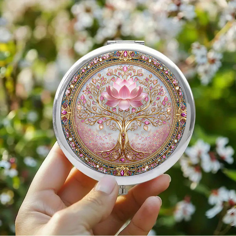 E-shop 1 Stück 2D Flacher Vintage-Schminkspiegel mit ornamentalem Lebensbaum-Motiv, rosa Lotus in der Mitte, goldene Zweige verziert mit rosa weißen