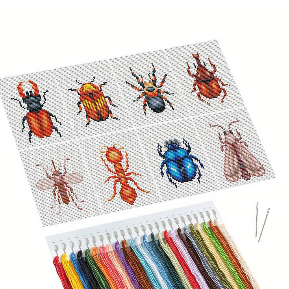 E-shop 8-teiliges DIY Kreuzstich-Insekten-Stickerei-Stoff für Anfänger, Zählkreuzstich Handarbeit Wanddekoration