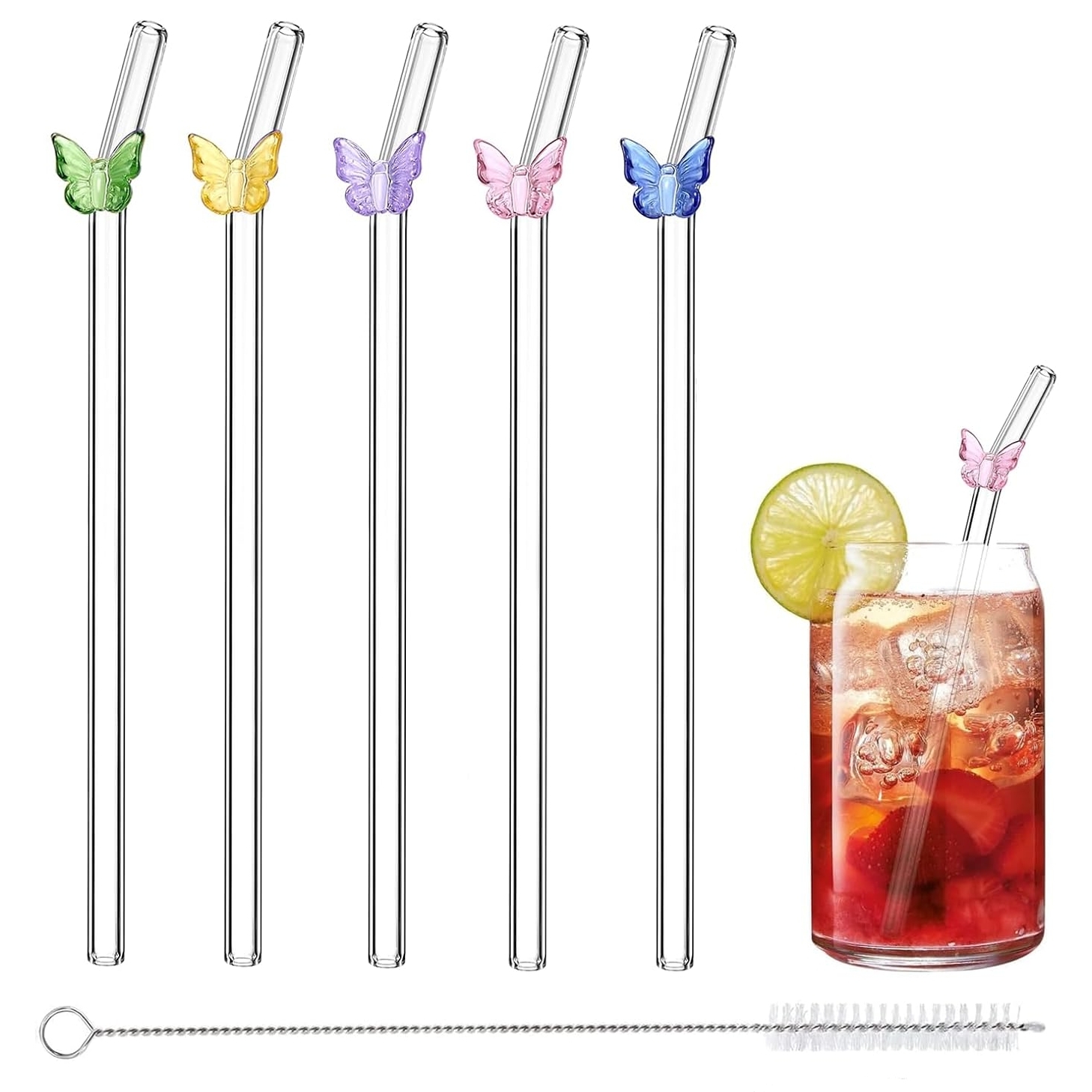 TEMU Set Of 5 Glass Straws With Colorful Design, Made From Reusable Borosilicate Glass Tubes(8mm X 200mm), Includes Cleaning Brush, Suitable For 20oz