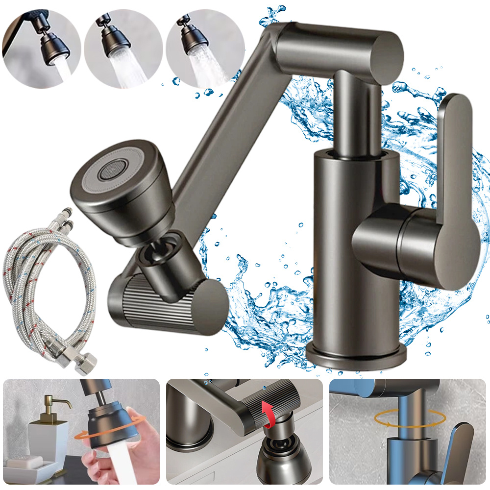 Image of Gunmetal Gray Adjustable Stainless Steel Faucet, Equipped With 2 80cm Inlet Pipes, Durable For Kitchen And Bathroom Sink