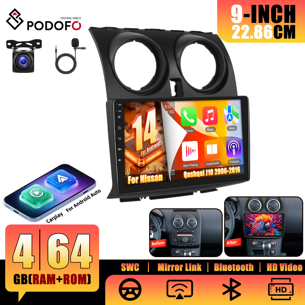 Podofo 4g+64g Car Radio For 2006-2016 14 Radio, 9 Inch 2 Din Touch Screen With Auto, Wireless Navi Wifi Canbus Dsp Fm Rds Swc +/mic, Without Battery