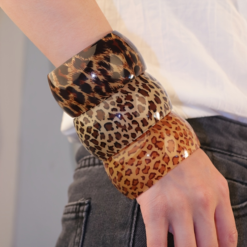 TEMU 3pcs Bohemian Retro Leopard Print Resin Bracelets Suitable For Women' Round Open Bangle For Beach Vacation, Daily Wear & Parties,, , Resin