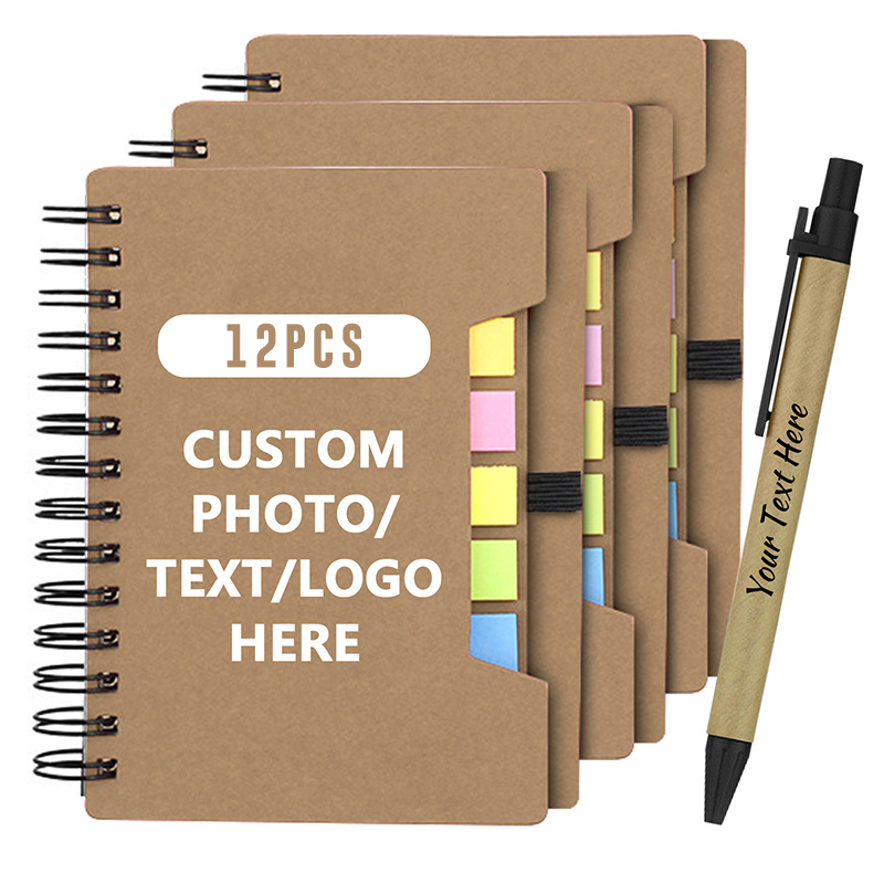 TEMU 6/12 pezzi a spirale personalizzato con logo/testo/, , per appunti , penna con porta penna, post-it, segnalibri con bandierine colorate
