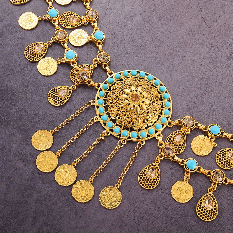 [Bohemian Waist Chain Necklace] NEULRY Women's Bohemian Retro Tassel Waist Chain Necklace - Vintage-Inspired Golden-Tone Metal with Turquoise & Clear Gemstones, Adjustable Headpiece & Waist Chain for Daily Wear, Parties, Weddings, Bohemian Jewelry, Party Accessory, Vintageinspired Design, Intricate Beaded Detail