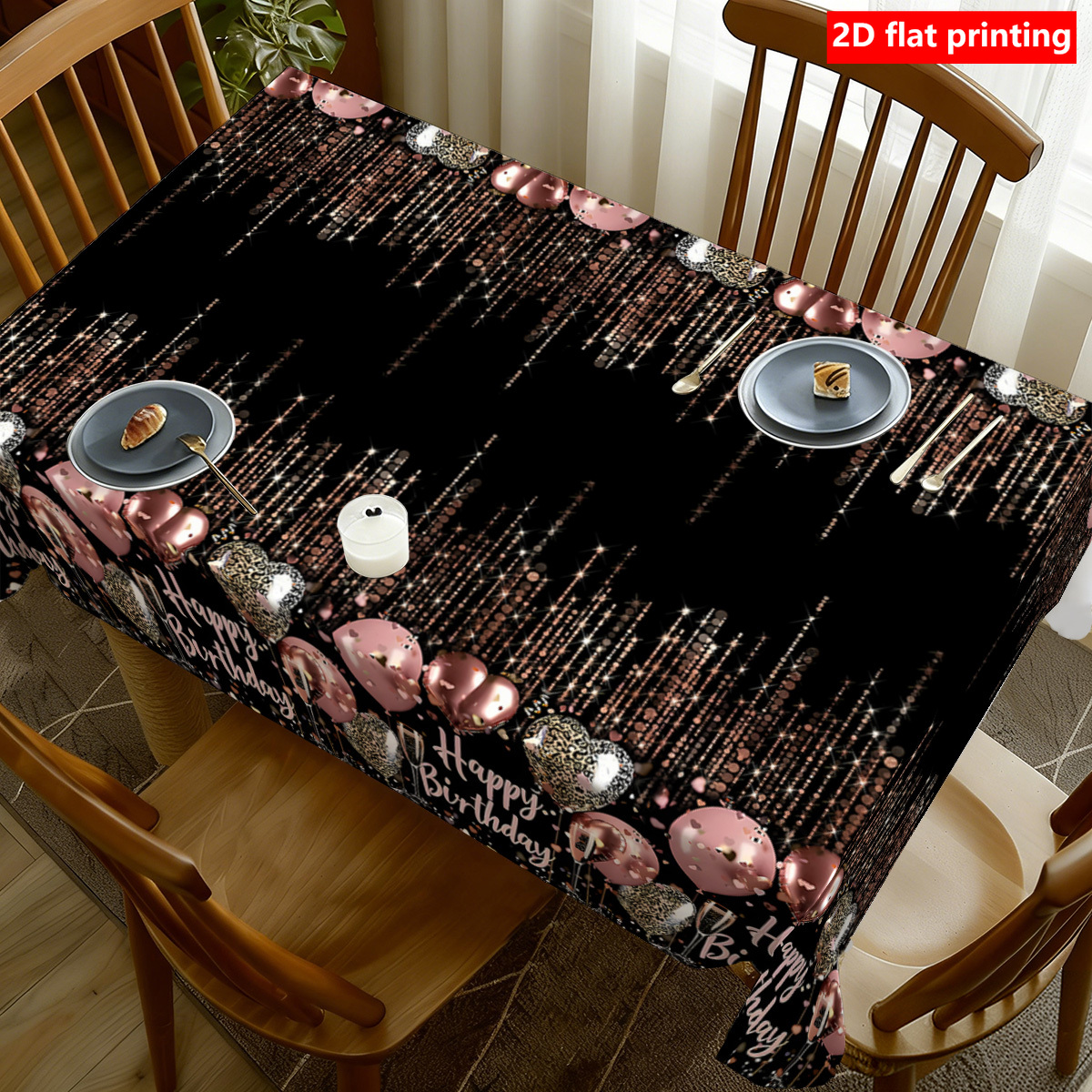 TEMU 2d Flat Printing, 1pc Printed Tablecloth, Black, Golden, And Pink "happy Birthday" Themed Tablecloth, Durable And Machine-washable, Featuring