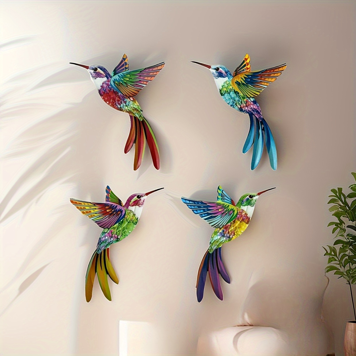 TEMU 2d Flat 4pcs Set Plastic Hummingbird Wall Art Decoration, Vivid And Colorful Acrylic Garden Ornament For Outdoor Courtyard