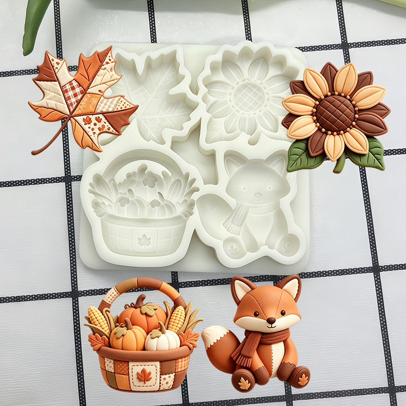 TEMU [ Silicone Mold] 1pc Theme Fox Pumpkin Maple Leaf Sunflower Shaped Clay Silicone Mold, 4-cavity Thanksgiving -grade Decoration Mold, , Easy To