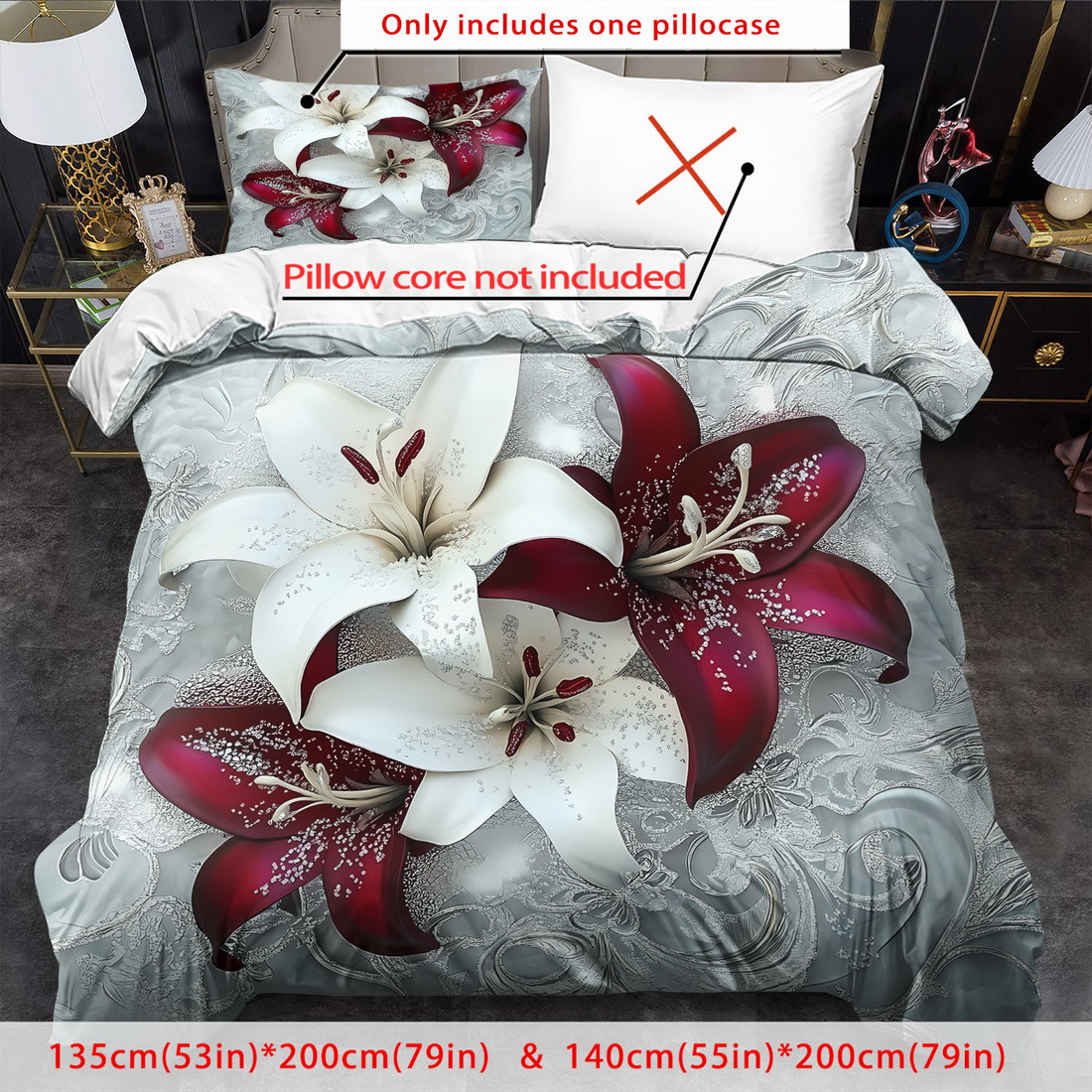 E-shop 2/3-teiliges Cartoon Boho Bettbezug-Set Halloween Bettwäsche-Set 3D Lilien-Blumen Metallic-Schriftzug Bettdeckenbezug Goth