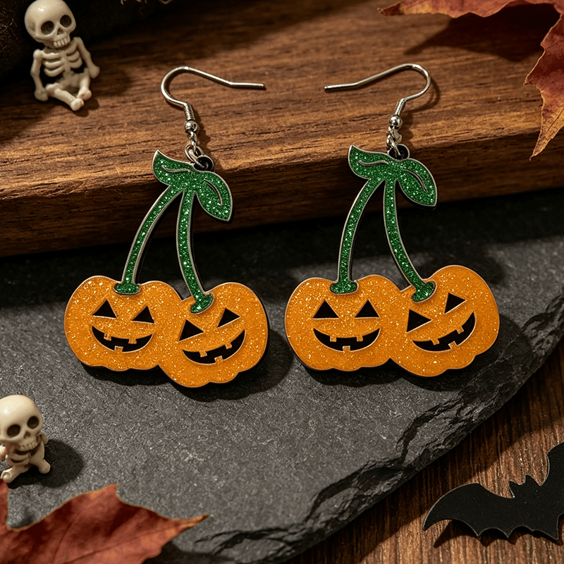 Gothic Cherry & Evil Pumpkin Head Dangle Earrings