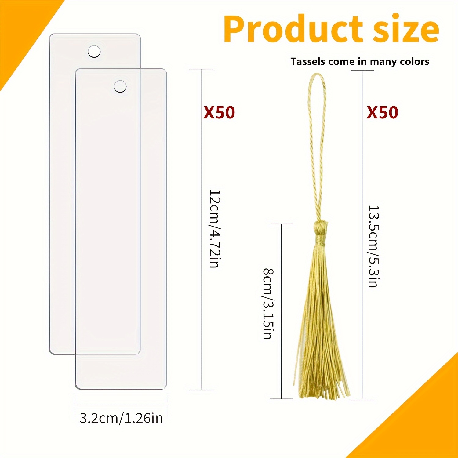 TEMU [2d Flat] 50pcs 2d Creative Acrylic Blank Bookmark Bulk With Colored Mini Tassel Suitable For Readers Accessories Gifts, Craft Products [2d