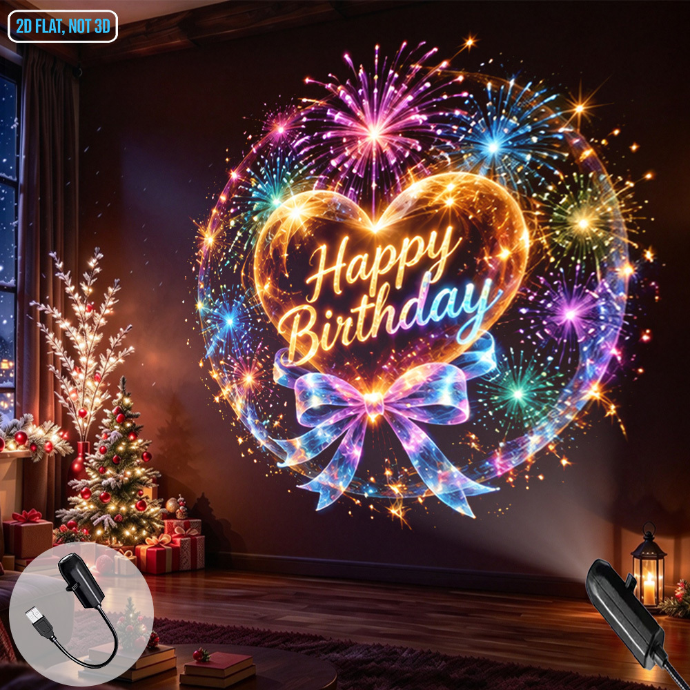 TEMU Veilleuse projecteur LED portable à alimentation USB, thème Anniversaire, motif cœur et feux d'artifice, lampe de projection pour décoration ,