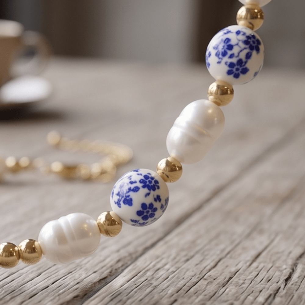 Women's Vintage Chinese Style Ceramic & Beaded Cross Chain Necklace