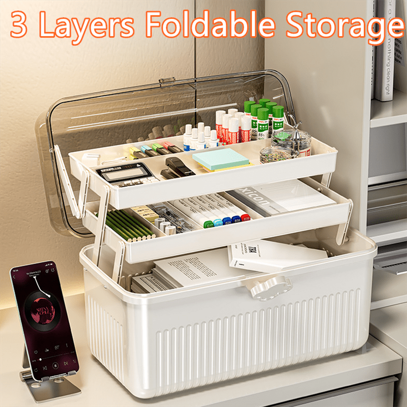 

3-layer Foldable Large-capacity Storage Organizer With Handle - White Plastic, Medicine, Cosmetics & Personal Items, With Transparent Lid For Organization, Cosmetic Storage Organizer