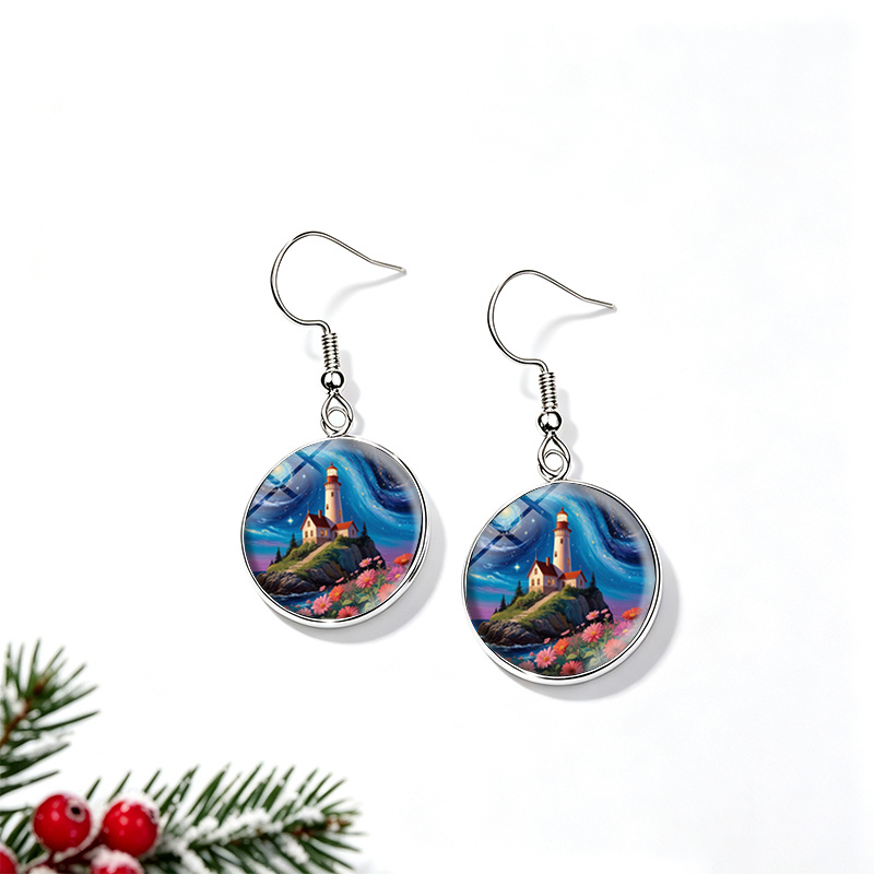 Starry Sky Lighthouse Island Flowers Round Glass Dangle Earrings